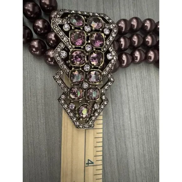 Heidi Daus Aubergine Art Deco Triple Strand Vintage Necklace AB Crystal Pendant - Picture 16 of 16